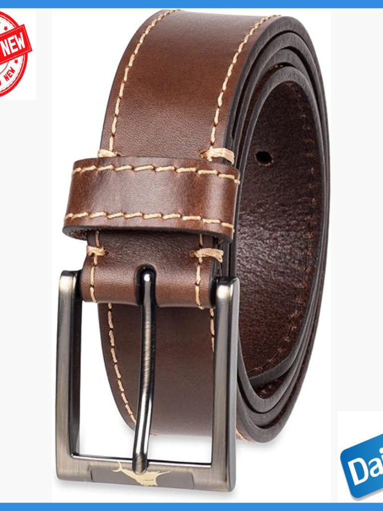 Men's Genuine Leather Casual Belt With Heavy Stitching, Adjustable Fit